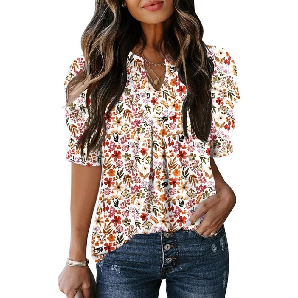Womenâs Puff Sleeve V Neck Summer Top Casual Blouse Light & Flowy